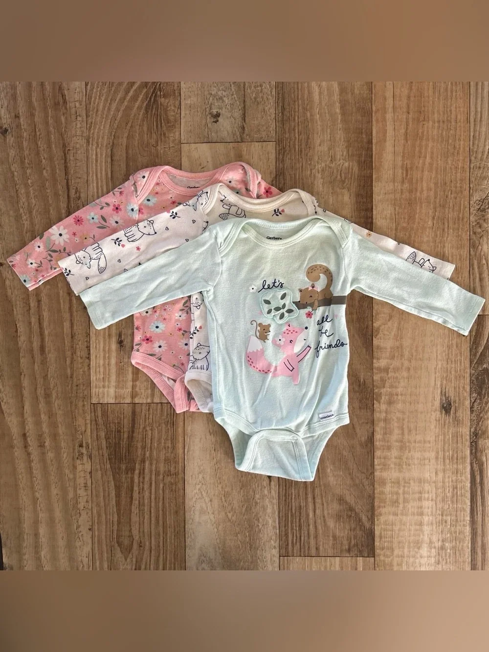 Gerber Girls Long-Sleeve One-Piece Bodysuits bundle - Pink, Mint & White 0-3 mos